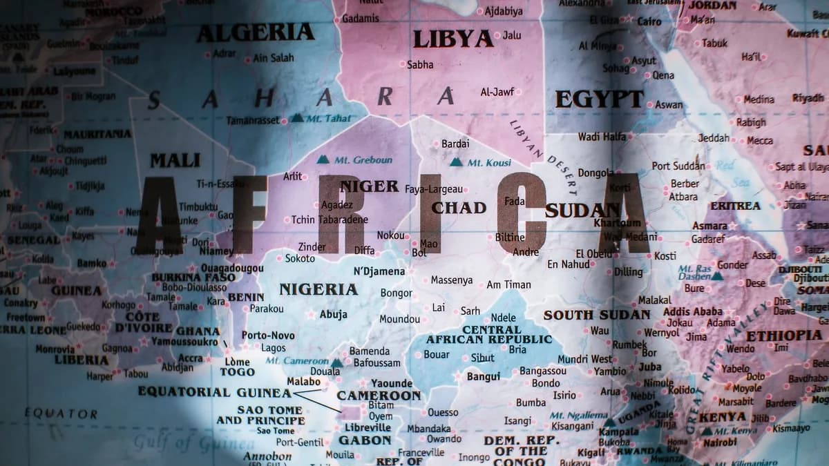 Closeup of map of Africa with countries borders and water on sunny day