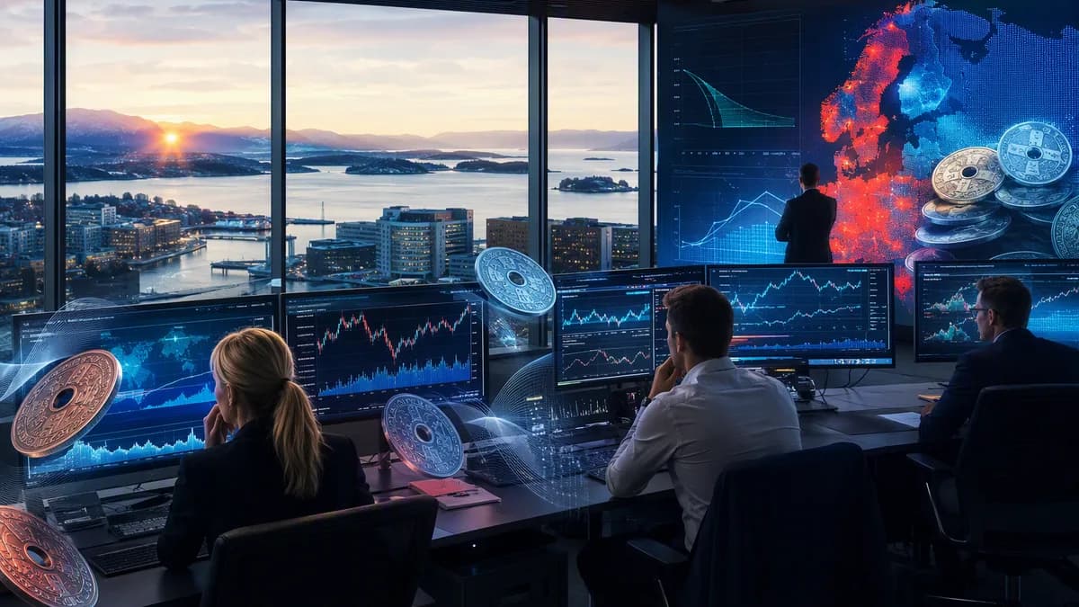 Nordic trading desk with krone market visuals, rate curves, and Oslo fjord backdrop