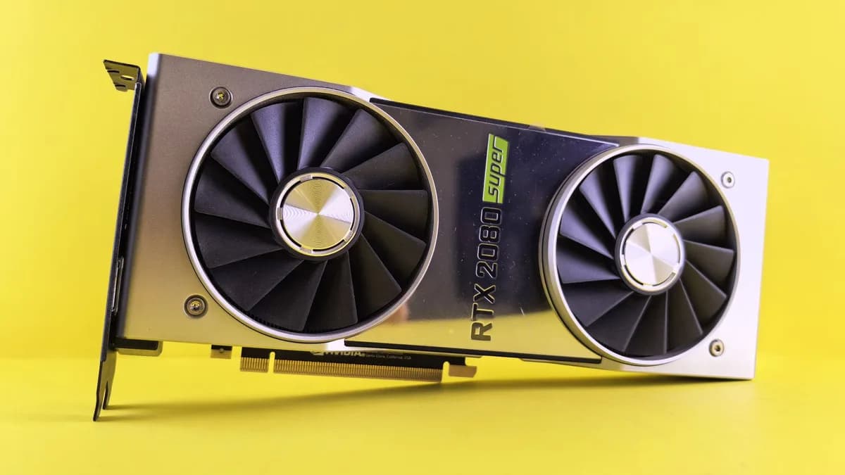 Close-up of a RTX 2080 Super graphics card against a bright yellow backdrop, showcasing high-tech design.