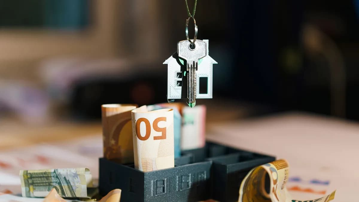 House key over Euro banknotes symbolizes real estate investment and financial planning.
