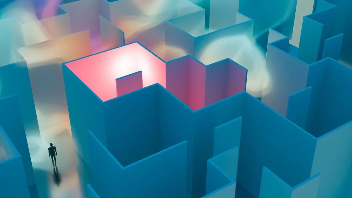 Explore a colorful abstract maze with surreal lighting, ideal for backgrounds or creative projects.