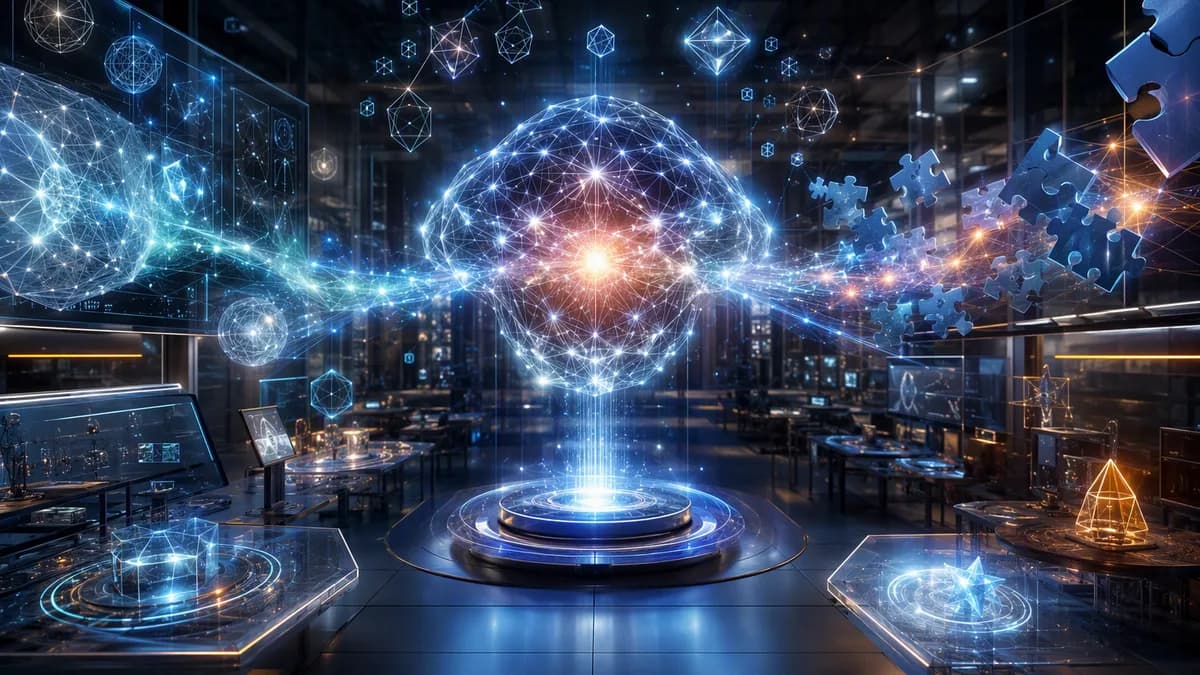 Glowing AI core in futuristic lab with abstract math symbols and neural networks suggesting breakthrough reasoning