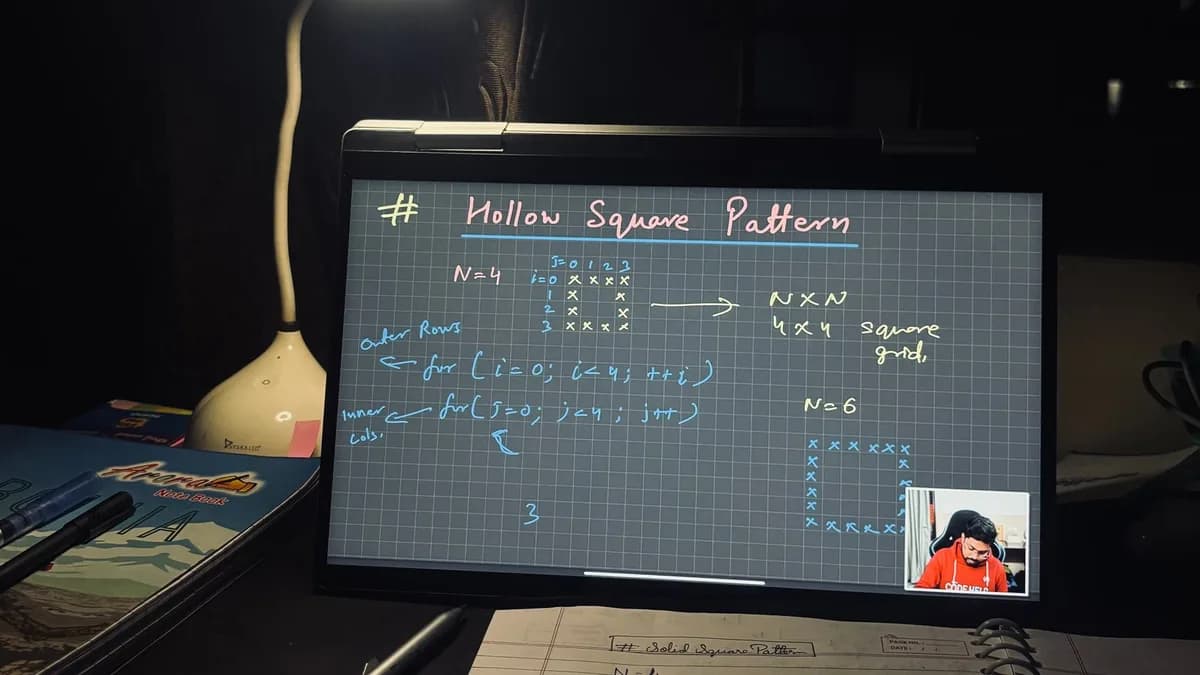 A dimly lit home study setup with laptop displaying coding notes on a hollow square pattern.