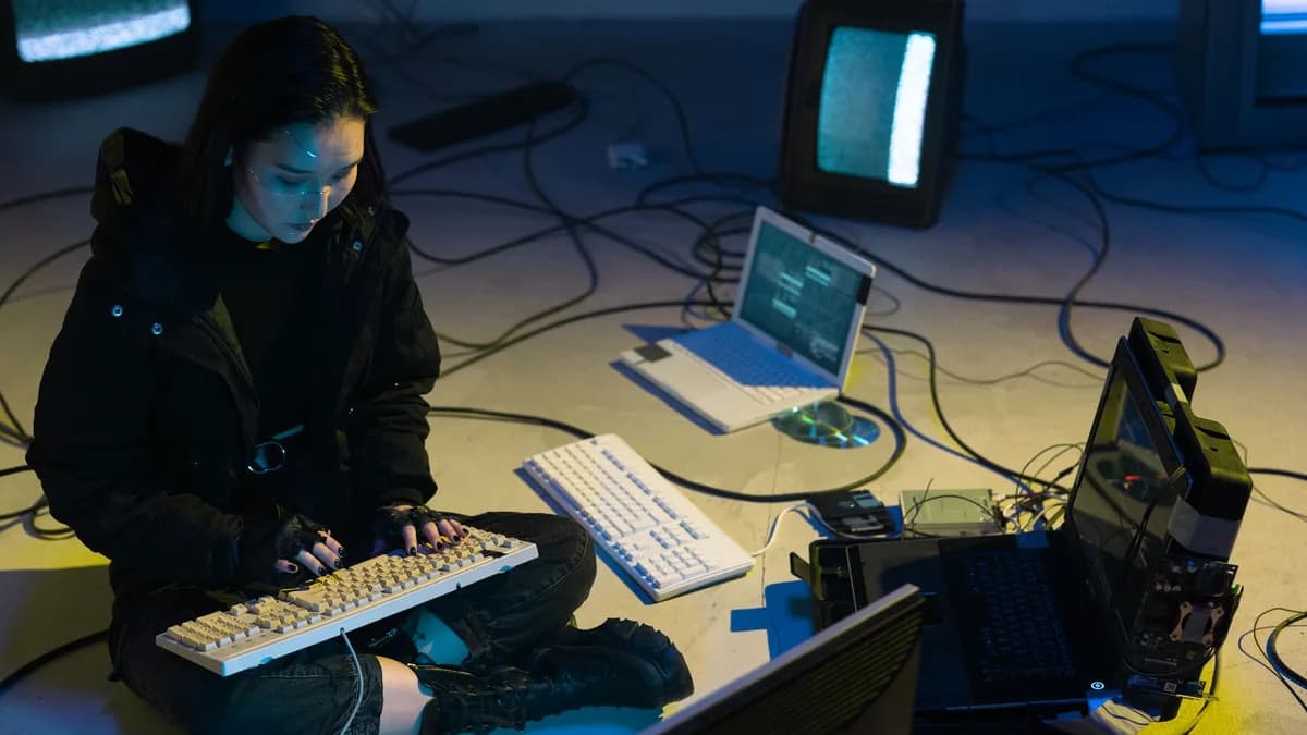 Young Asian woman engaged in computer hacking in a dimly lit, technologically equipped room.