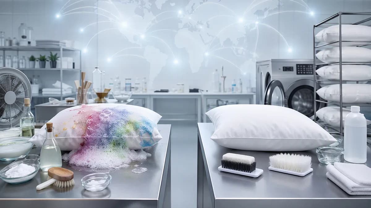 Hotel laundry lab comparing pillow cleaning hacks with specialist washing methods against a global map backdrop.
