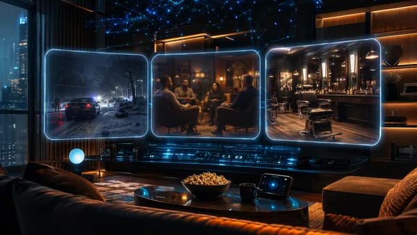 Futuristic streaming hub showing three movie-themed holographic panels for weekend picks.