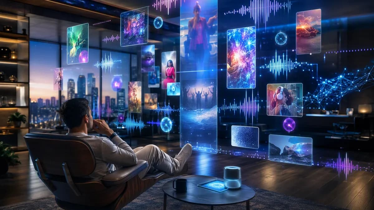 Futuristic media lounge showing abstract video feed screens and audio waves in a social app environment.
