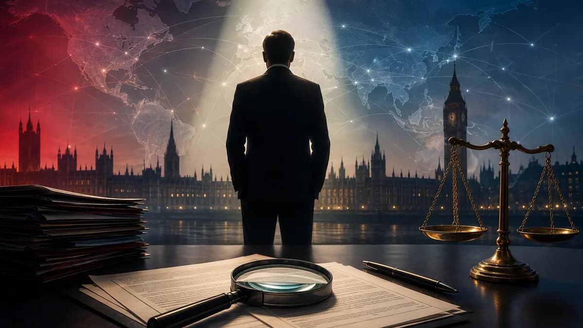 Symbolic UK political standards investigation with documents, scales, and global map connections.