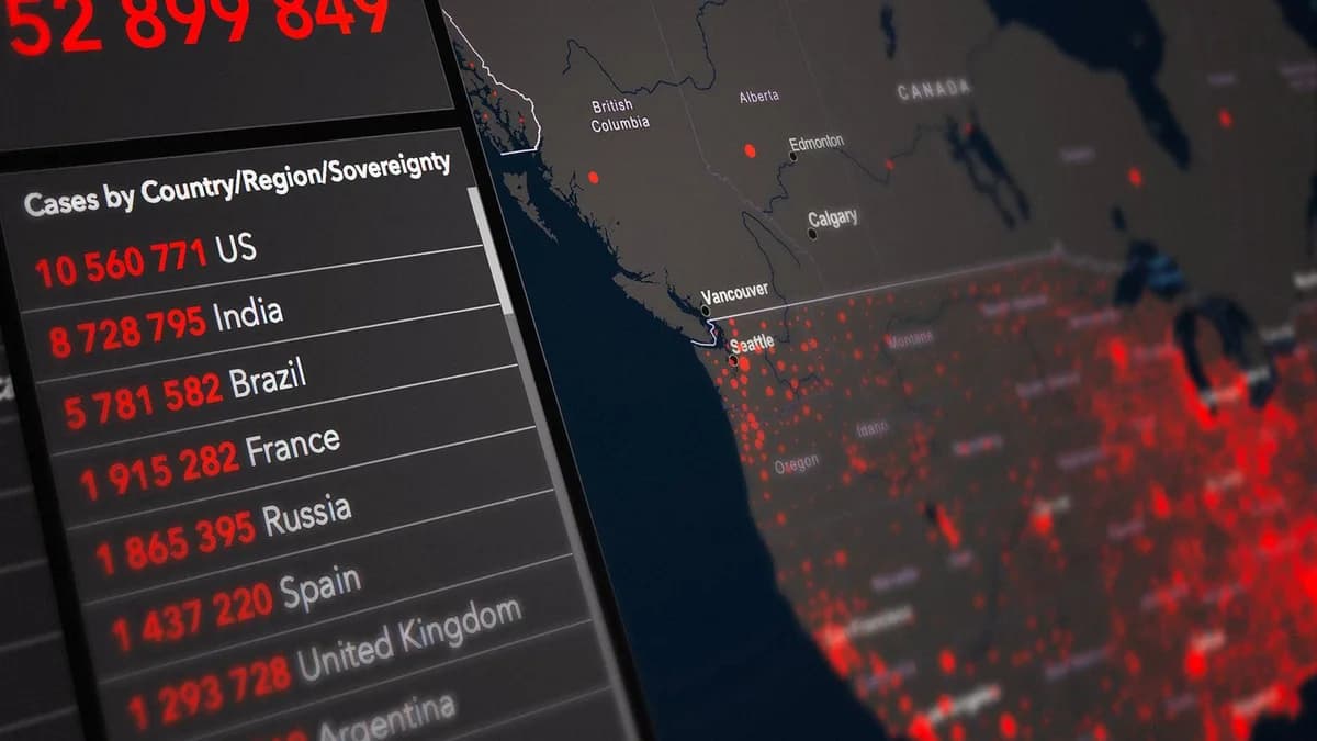 Detailed map showing COVID-19 global cases with data visualization by country.