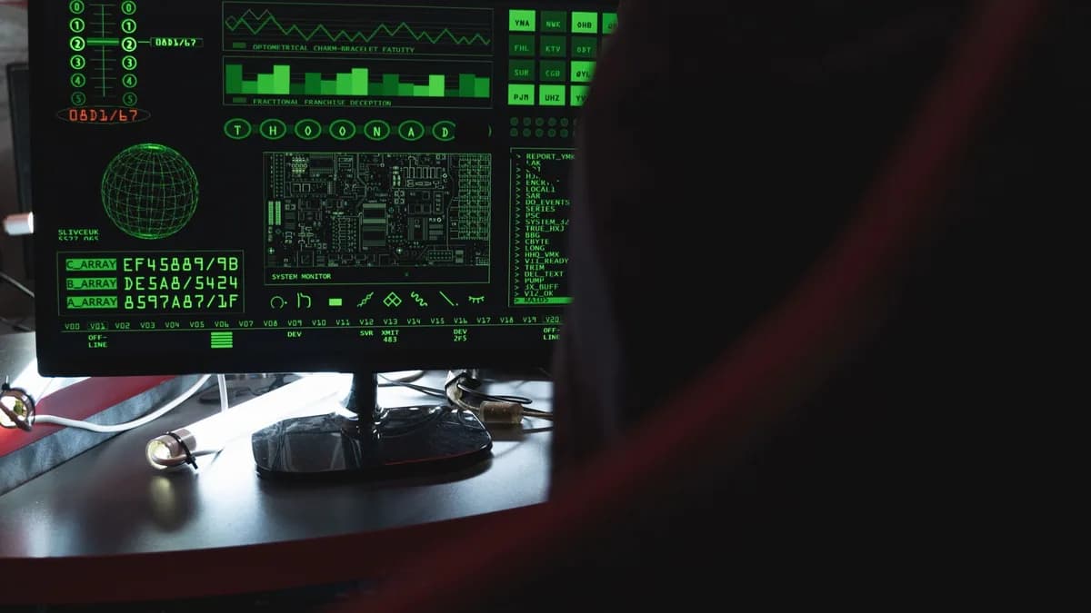 View of a computer monitor displaying green digital security code in an indoor setting.