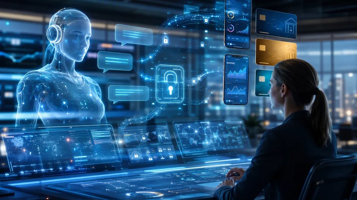AI support agent securely accessing live banking data through encrypted fintech interfaces.