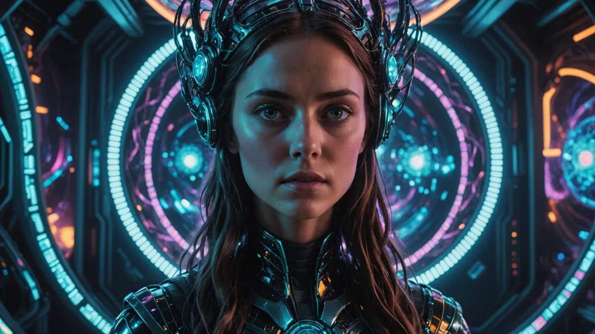 Medium scene: Dr. Elara Vance, eyes reflecting screen light, sits before a holographic interface where shimmering, ghostly fractal patterns coalesce into the faint, serene image of an alien plant form. Her expression is one of heartbreaking recognition, n