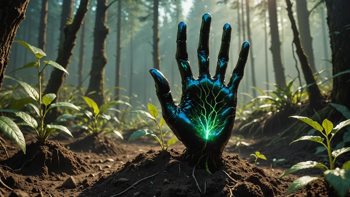 Detail/concept shot: A human hand, covered in soil and planting a sapling, is overlaid with a translucent, shimmering projection of an alien hand doing the same gesture with a crystalline tool. The background blurs between a terrestrial forest and an imag