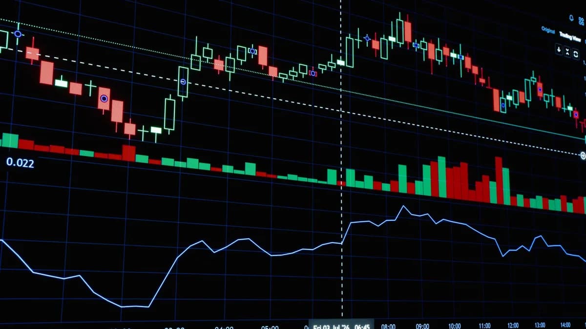 Close-up of stock market candlestick chart showcasing financial data trends.