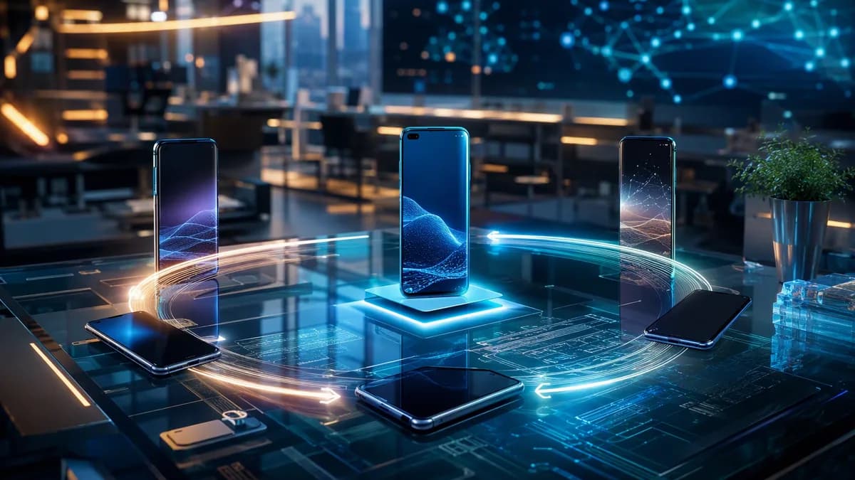 Unbranded smartphones in a futuristic workspace suggesting upgrade subscriptions and resale cycles