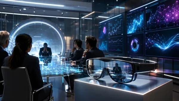 AR glasses in a sleek tech boardroom as investors watch abstract dashboards, suggesting unanswered preorder questions.