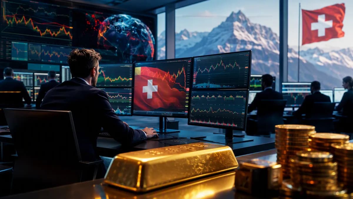 FX trading desk with abstract charts, unmarked gold bar, and Swiss franc safe-haven mood fading.