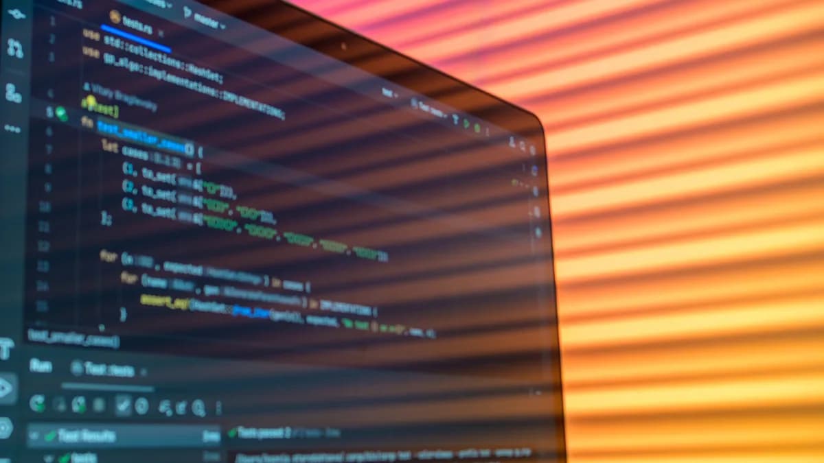 Close-up of computer code on a screen illuminated by warm lighting patterns, creating an artistic tech vibe.