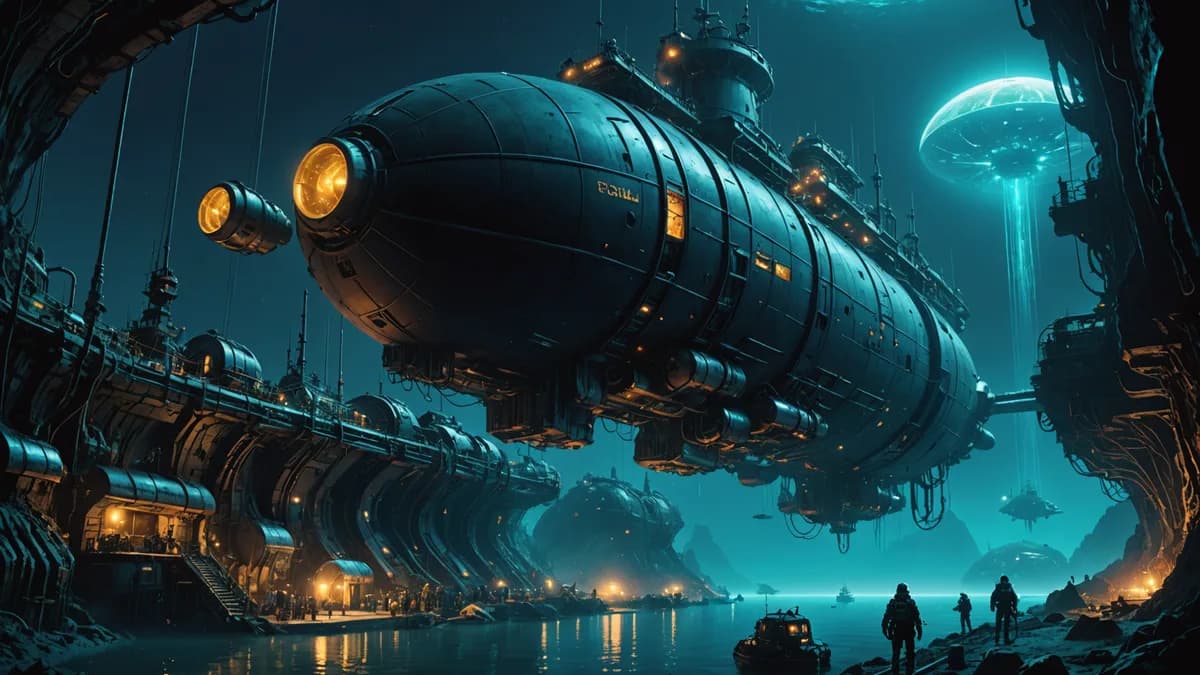 Wide establishing shot of the bioluminescent Aqualung city of Epsilon nestled in a deep ocean trench, with domes and tubular structures glowing softly against the eternal dark. A large, elegant farming dirigible from the surface is docked at a surface int