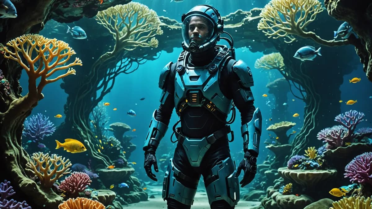 Medium scene inside Tarik's symbiotic garden grotto, with strange, glowing corals and flowing deep-sea kelp. Tarik (in a sleek aquanaut suit) is showing a data-pad projection of plant growth to Kalina (in a practical surface jumpsuit), the bioluminescent