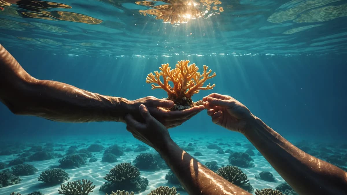 Concept detail shot of the 'handshake' moment: two hands meeting at the ocean's surface. From below, Tarik's gloved hand emerges from the water, holding a crystalline case containing a glowing coral sample. From above, Kalina's hand reaches down, offering
