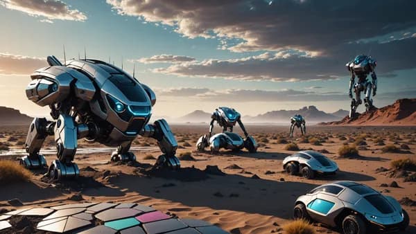 Wide establishing shot of a windswept, futuristic coastline at dusk, where sleek, insect-like robots move with organic grace over sculpted earth, with one robot isolated, uncovering a burst of colorful tiles amidst monochrome soil. Digital art, cinematic