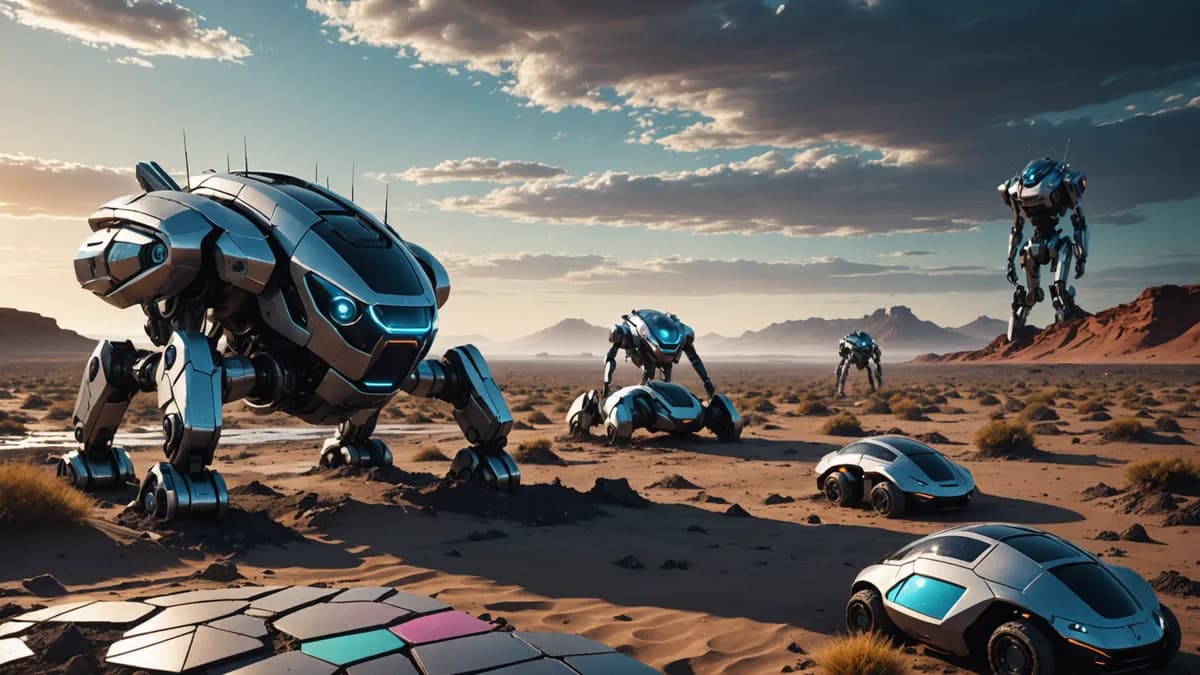 Wide establishing shot of a windswept, futuristic coastline at dusk, where sleek, insect-like robots move with organic grace over sculpted earth, with one robot isolated, uncovering a burst of colorful tiles amidst monochrome soil. Digital art, cinematic