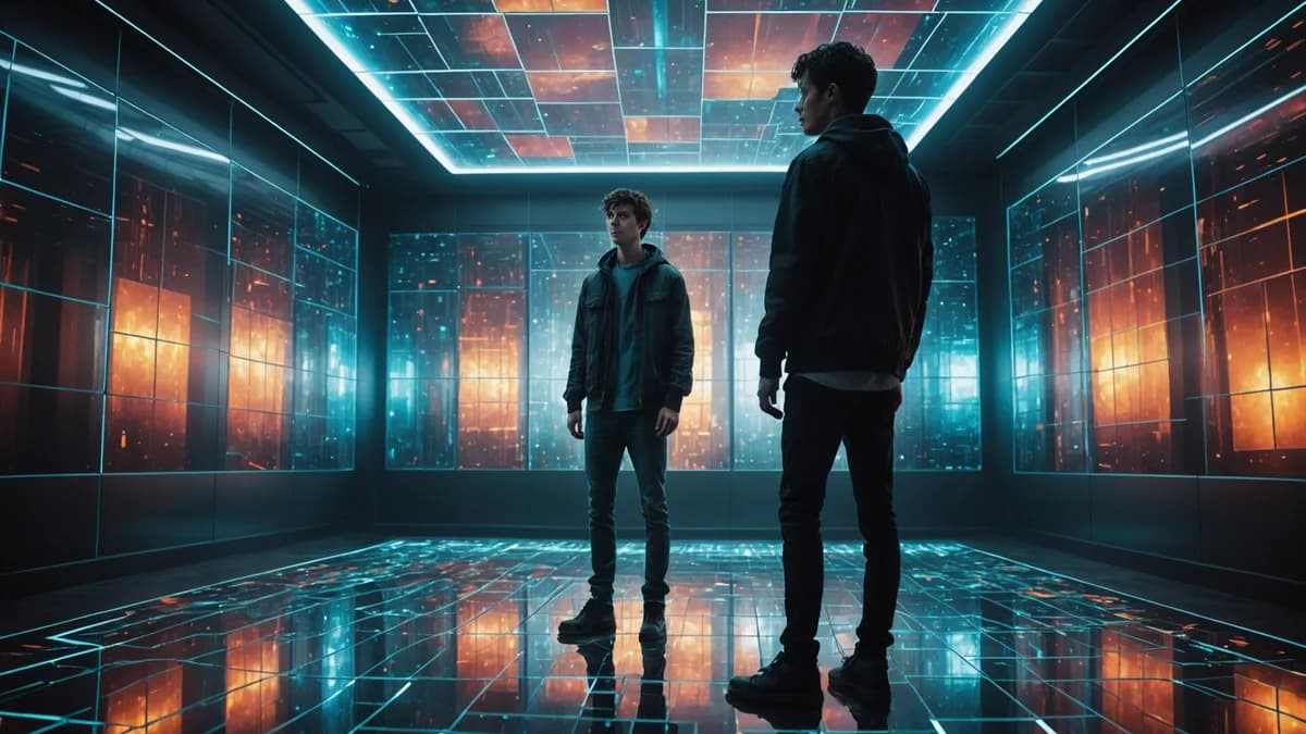 Medium scene inside a translucent data-visualization chamber, where a young man in simple, practical clothing stands before a towering, abstract light-form representing the AI, both figures reflected on a glass floor showing the mosaic below. Digital art,