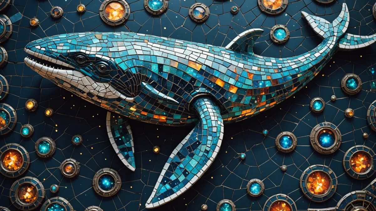 Detailed close-up of the unearthed mosaic itself, intricate and slightly worn, depicting a mythical whale made of constellations, a robot's delicate manipulator arm poised just above it, as if caressing the tiles. Digital art, cinematic lighting, macro de