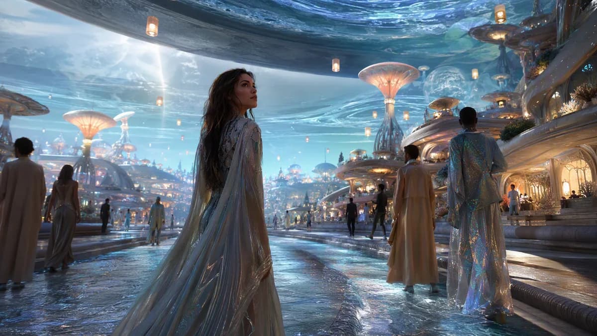 Medium scene inside the simulated city of Pelagos: Leena standing on a tidal boulevard made of pearlescent stone and shallow flowing water, surrounded by citizens in softly luminous woven garments, floating weather lanterns, impossible ocean horizon curvi
