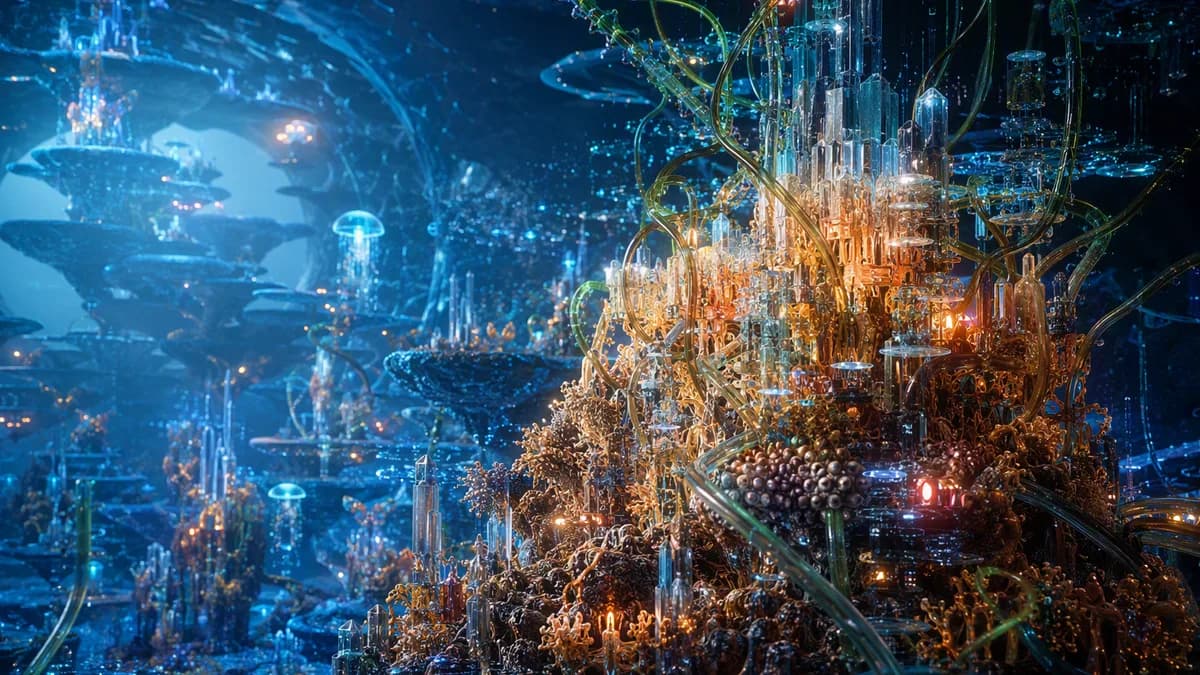 Detail/concept image of a memory reef interface: crystalline coral-like server structures intertwined with living algae tubes and tiny holographic city fragments blooming like plankton, cool blue and amber light, macro-scale composition without any readab