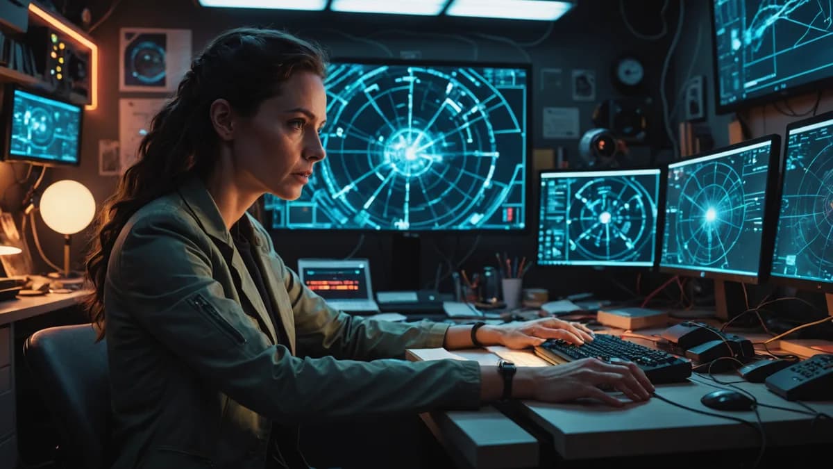 A medium shot of Dr. Elara Vance in a cluttered, cozy home lab, her face lit by holographic neural activity graphs, one hand pressed to her temple in deep, conflicted thought, a worn photo of a fractured family visible on the desk. Digital art, cinematic