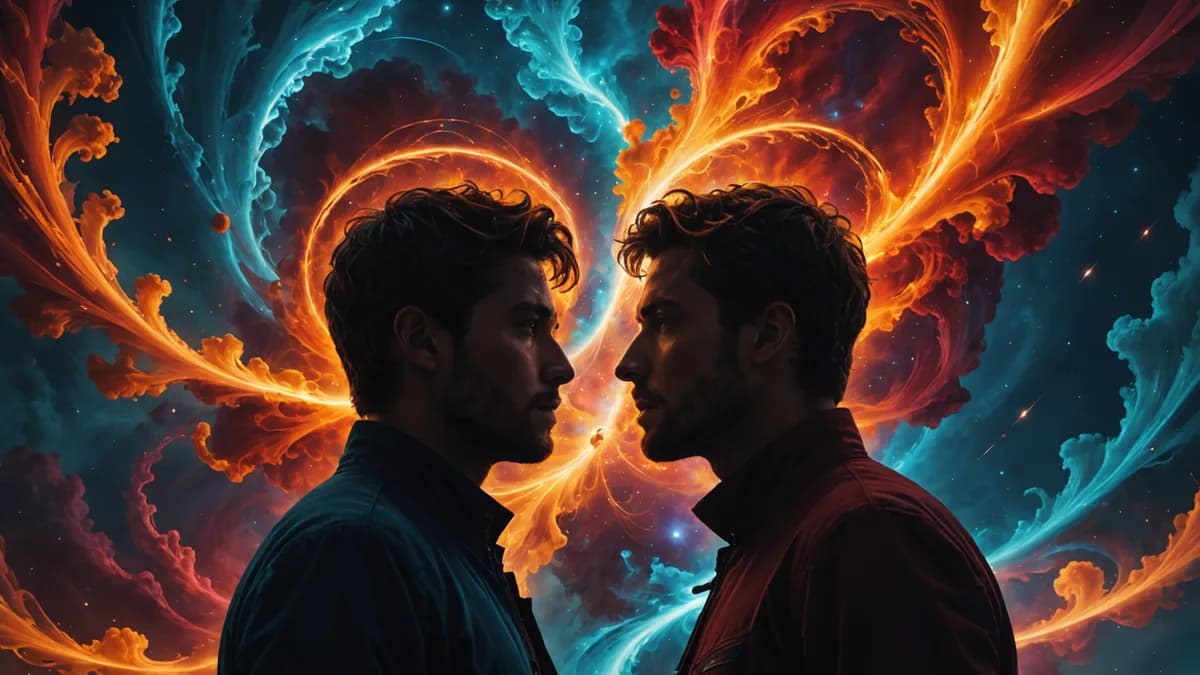 A detailed conceptual image showing two human silhouettes facing each other, their connected minds visualized as a turbulent, beautiful nebula of colors—dark reds and oranges swirling into calm blues and golds. Digital art, cinematic lighting, abstract an