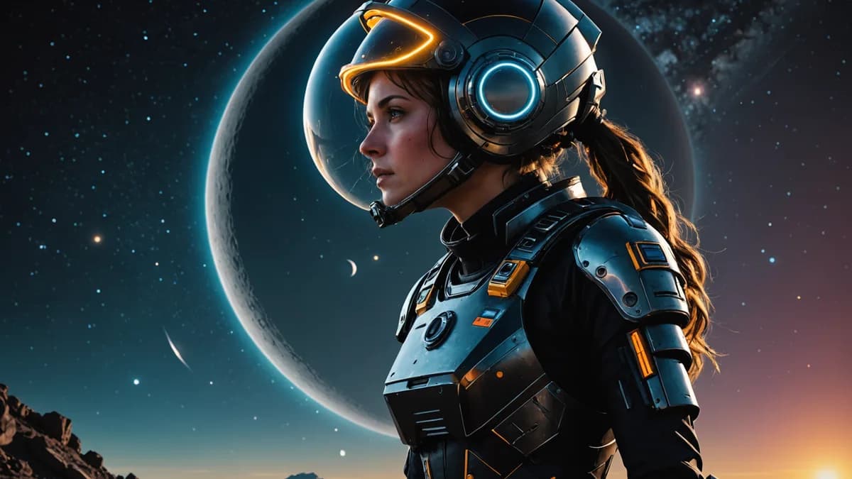 Wide shot of Mika in a bulky engineering suit, silhouetted against the massive, pockmarked surface of Ceres, playing a harmonica against her helmet visor. The only light is the cold glow of Saturn's rings in the star-filled black sky. Digital art, cinemat