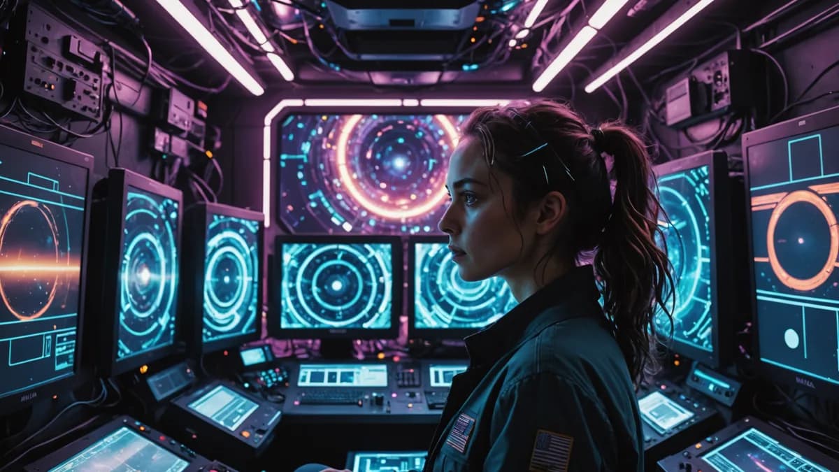 Medium scene inside a cluttered, lived-in hab-module on a processing rig. Mika looks at a wall display flooded with hundreds of unauthorized transmissions—abstract soundwave visuals from across the solar system. Her face is lit by the screen's glow, showi