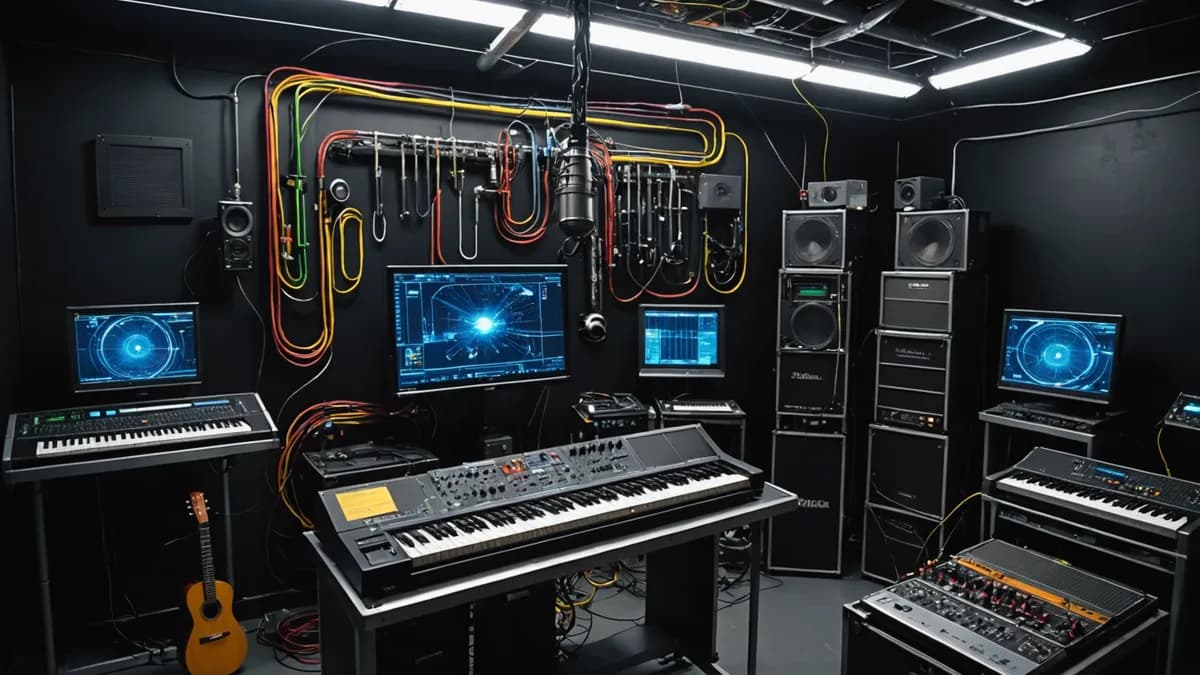 Detail shot of a diverse array of makeshift 'instruments' floating in zero-g: a tool with welding marks used as a percussion instrument, a tensioned wire from a hydroponic rack, a modified air filter whistle, and Mika's harmonica. A single shaft of light
