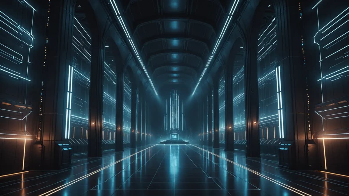 Wide establishing shot of the Legacy Archive server hall, an immense, silent cathedral-like space with rows of softly pulsating light columns in a vast darkness. Clean, cool, architectural digital art, cinematic lighting with volumetric god rays, futurist