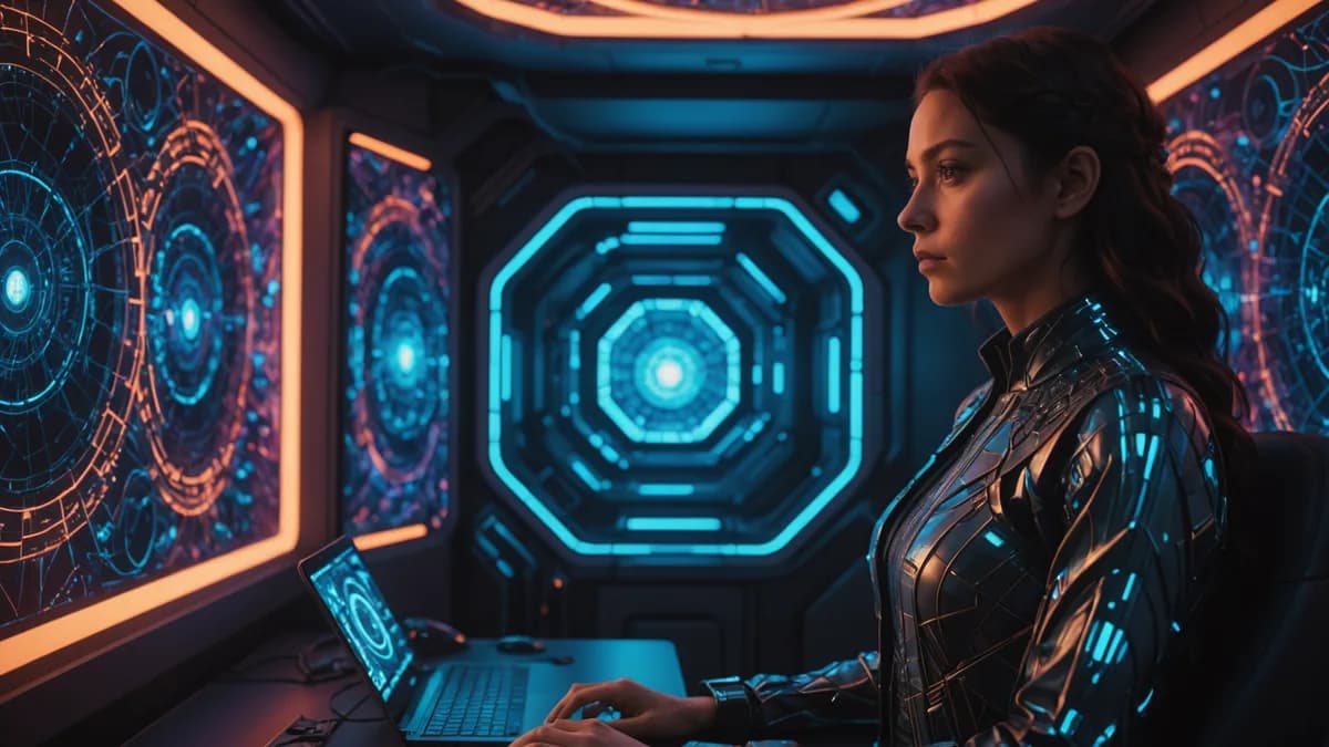 Medium scene of Maya in her dimly lit, cozy personal curation pod, her face illuminated by a holographic display showing the complex, shimmering fractal pattern of a consciousness archive. She looks tense, focused. Digital art, cinematic lighting, futuris
