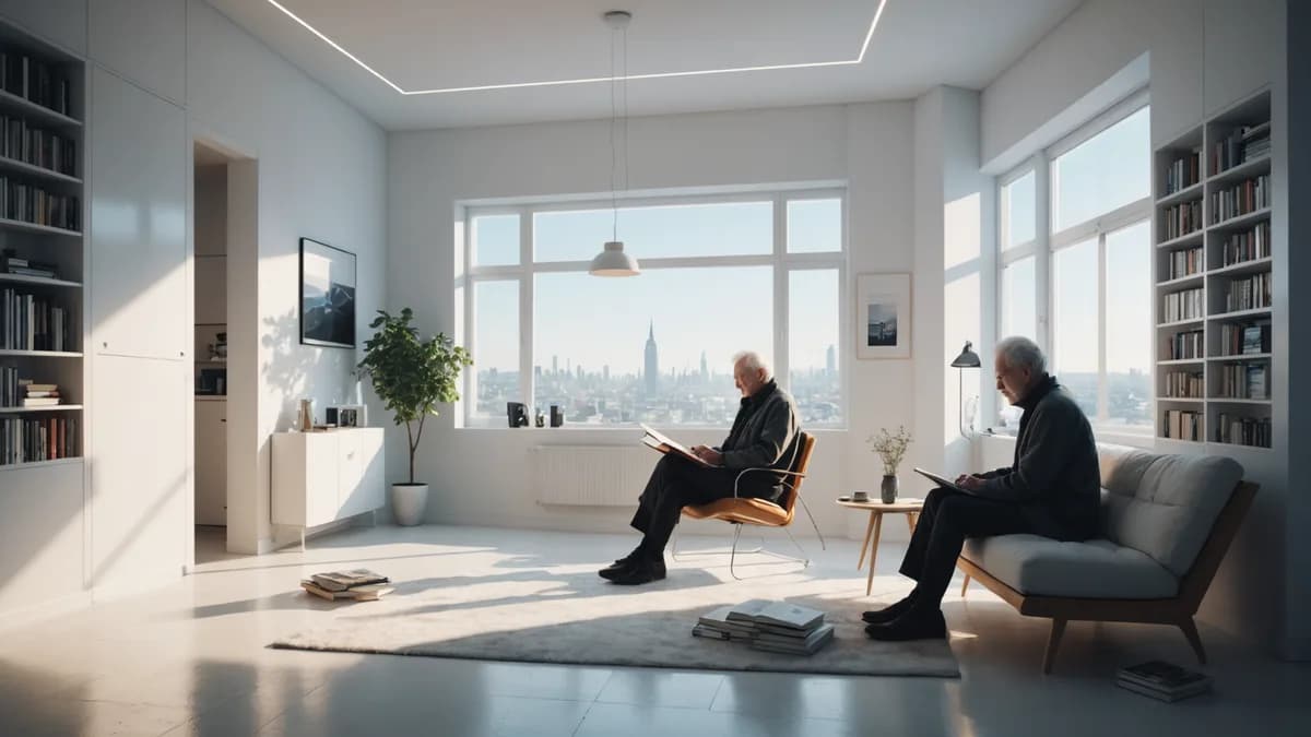 Wide establishing shot of a stark white, minimalist future apartment contrasting with a warm, cluttered corner where an elderly man sits by a window, sunlight highlighting his aged hands on a physical book. Digital art, cinematic lighting, futuristic, mel