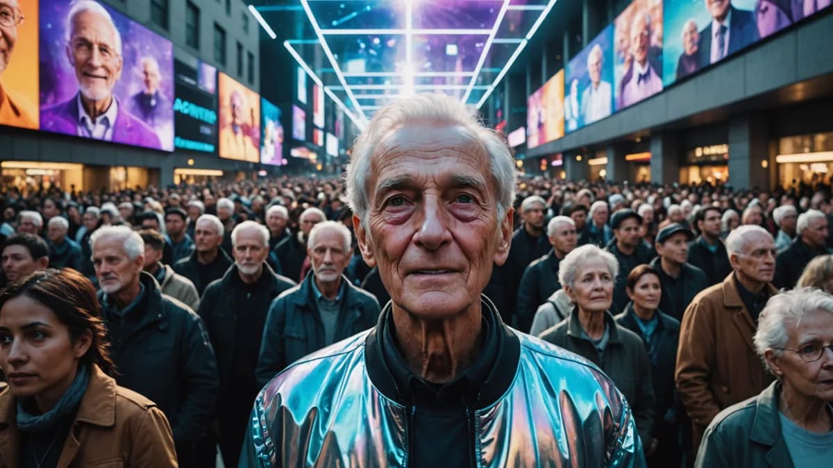 Medium scene of a diverse crowd in a sleek public plaza, their eyes glowing with subtle BCI interfaces, all looking up at a massive holographic display showing a close-up of the elderly man's weathered, smiling face. Digital art, cinematic lighting, futur