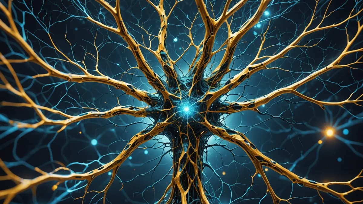 Detailed conceptual shot: A complex, glowing neural network diagram in cool blues is pierced by a single, warm golden data-stream of 'dirty data' that blossoms into an intricate, organic tree-like pattern at its center. Digital art, cinematic lighting, fu