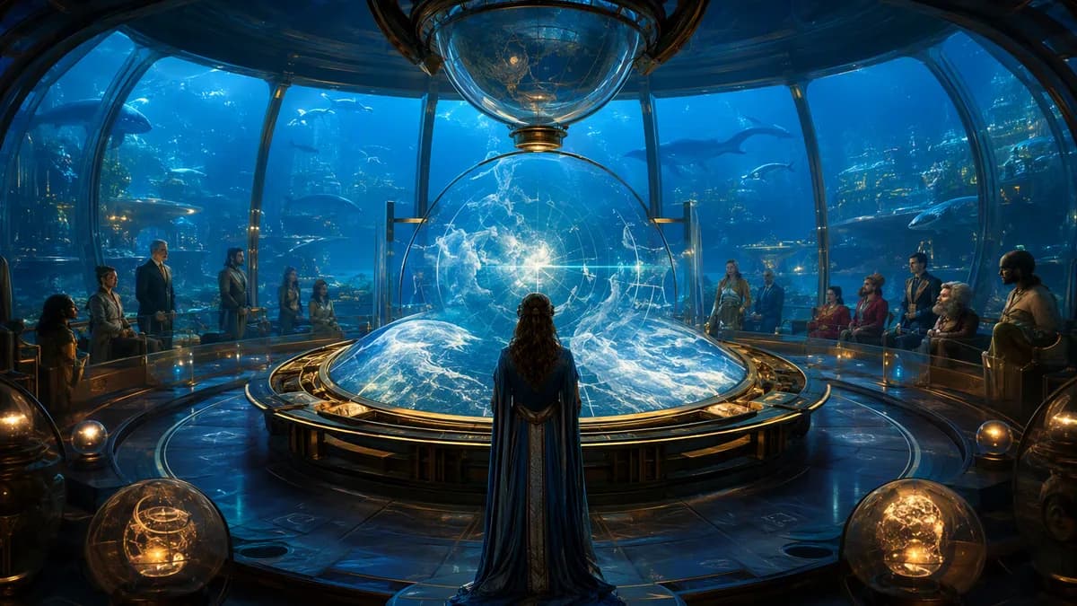 Medium scene inside a submerged weather control chamber with a woman rainwright facing a curved holographic atmosphere map, diverse city council members visible through glass partitions, ocean life drifting outside enormous windows, warm instrument glow a