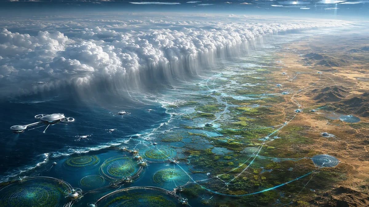 Detail/concept image of a vast engineered atmospheric river seen from above: silver cloud-seeding drones, soft bands of rain sweeping from ocean toward a dry inland basin, stratospheric mirror glints high in the sky, below it a patchwork of revived floodp
