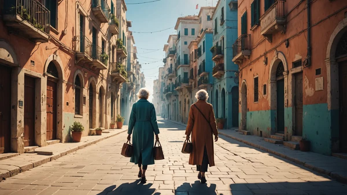 **Wide Shot:** An elderly woman walks alone down a spotless, empty, sun-drenched street in a futuristic mediterranean city, stark geometric buildings on either side, cinematic lighting with long shadows, digital art style, hyper-realistic, mood of serene