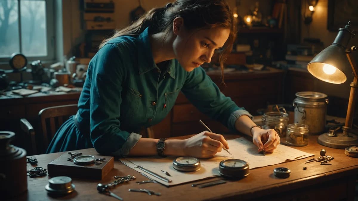 **Medium Scene:** Inside a softly lit, cluttered room, the woman gently places a manual wristwatch into a drawer filled with obsolete objects like a wooden ruler, a porcelain cup, and a spool of thread, a shaft of warm light illuminates the dust motes, di