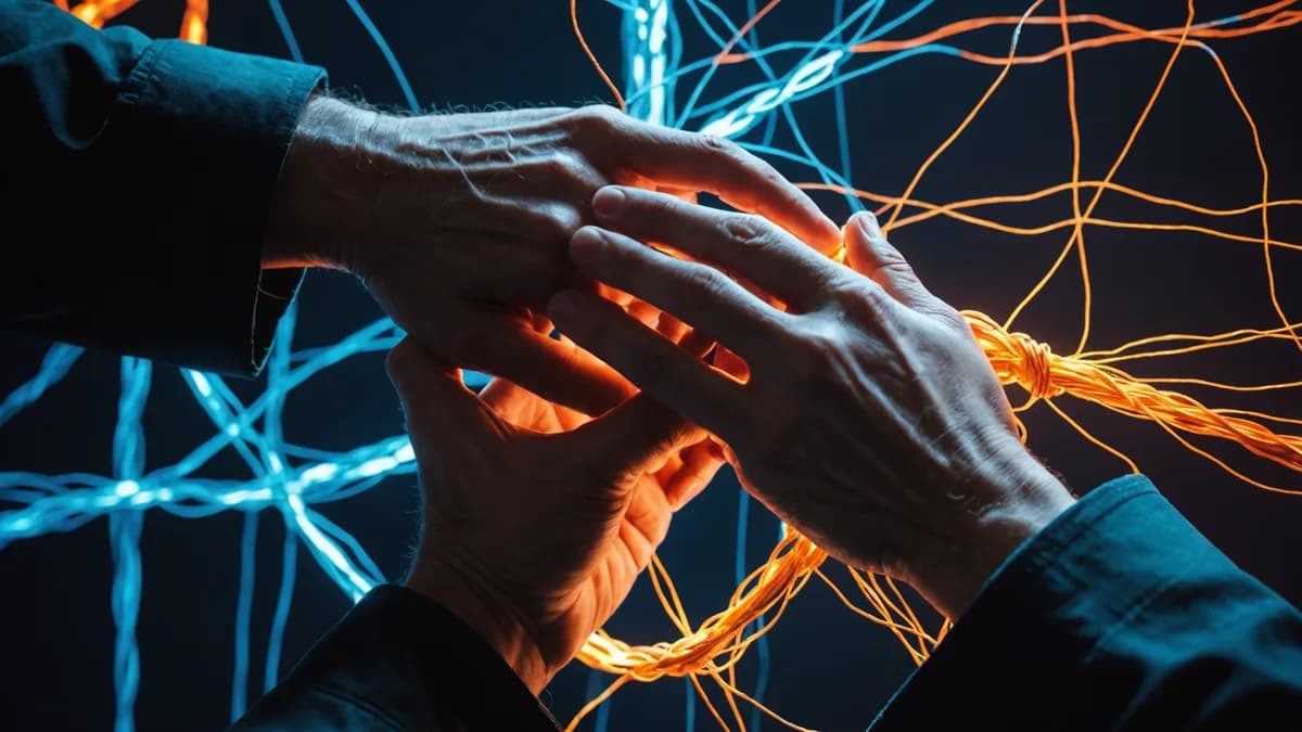 **Detail/Concept:** A close-up of two human hands, one young and one old, collaboratively tying a simple knot in a piece of rough twine against a backdrop of sleek, glowing digital schematics on a wall, contrasting the tactile with the digital, digital ar