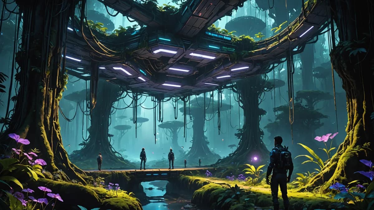 Digital art, cinematic lighting, futuristic style. A wide, serene establishing shot from inside ‘Aeire’: a vast, bioluminescent rainforest canopy at twilight, with delicate bridges and nests glowing in soft blues and violets, inhabited by graceful, shadow