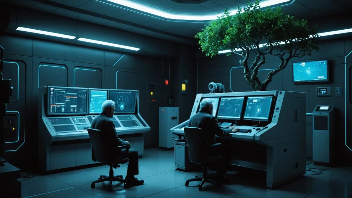 Digital art, cinematic lighting, futuristic style. A medium scene in a stark, minimalist control room. A weary old man (Aris) sits before a simple terminal, his face illuminated by the soft, organic light of a holographic tree growing from the console, wh