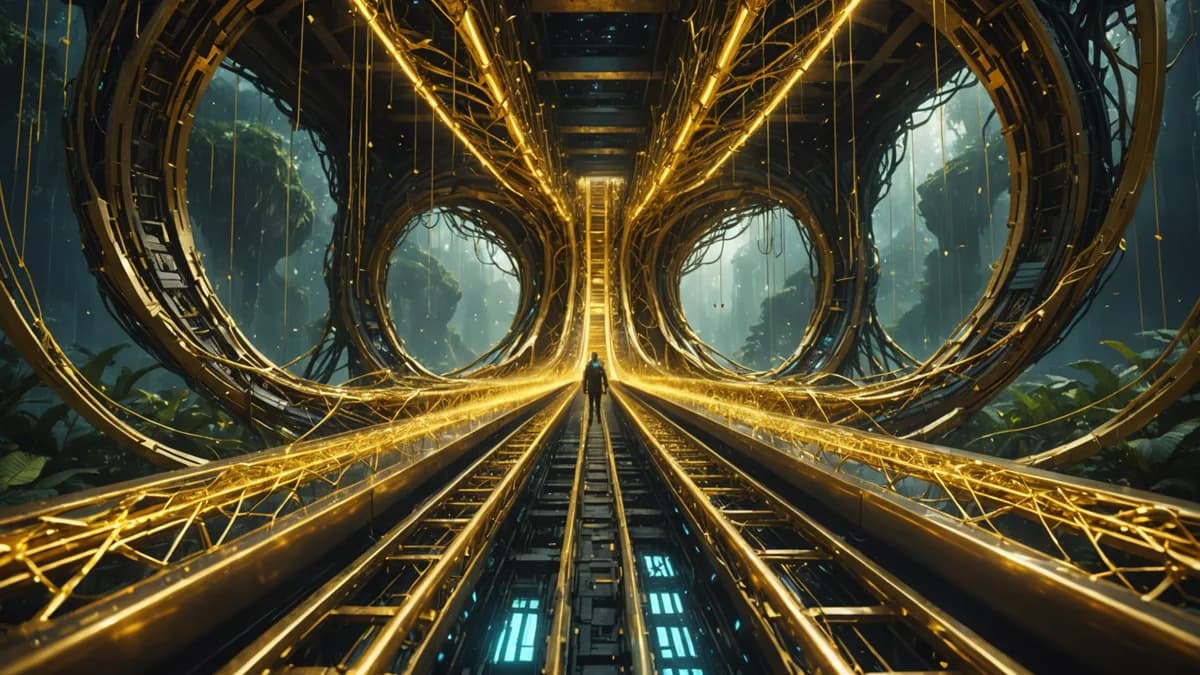 Digital art, cinematic lighting, futuristic style. A detailed, conceptual shot showing the ‘resonance bridge’: intricate, glowing strands of golden data, like musical notes and roots, flowing from a human silhouette into a complex, crystalline archive cor