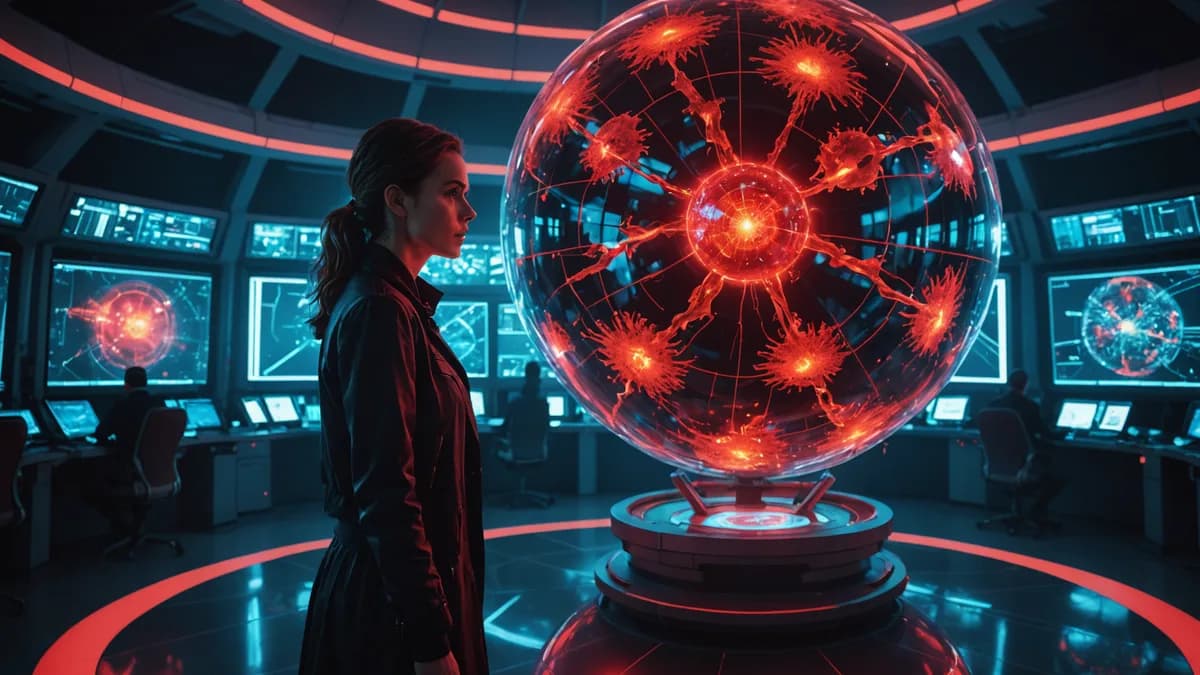 A medium scene inside the Agora control center: a woman, Eleni, stands before a massive holographic globe where pulsing red nodes of conflict spread like a virus, her face lit by the glow, reflecting deep concern and concentration. digital art, cinematic